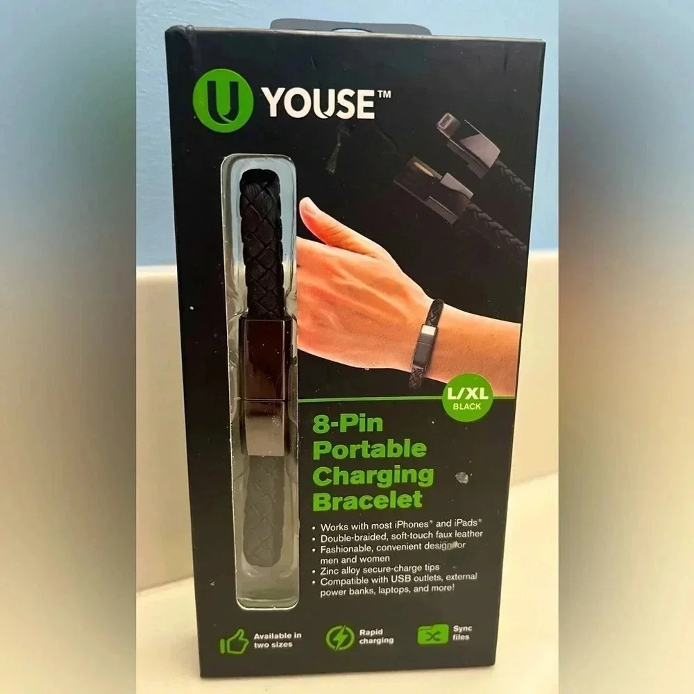 Youse Black 8 Pin Portable Charging Bracelet, Size L/XL